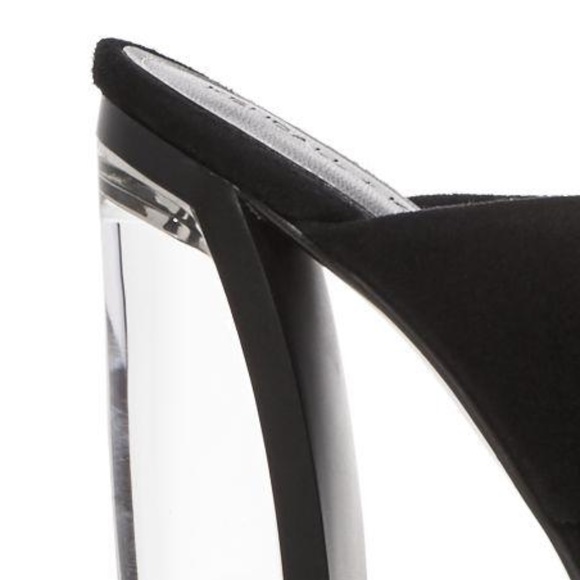 KENDALL & KYLIE THE KARMEN HEEL - BLACK SUEDE MULES w/ LUCITE HEELS - Picture 5 of 12